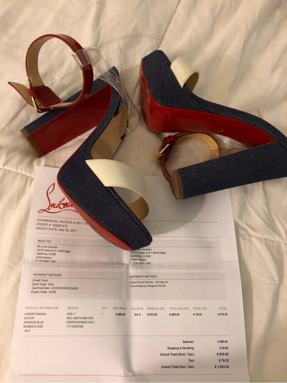Christian Louboutin Navy Denim Platform Sandals with White Strap and Red Sole